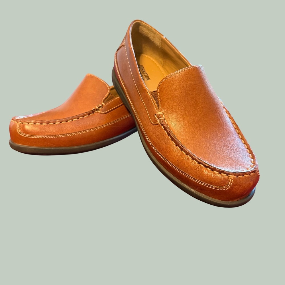 Johnston & Murphy Boys Tan Leather Slip On Loafers Moc Toe Dress Shoes Size 4M